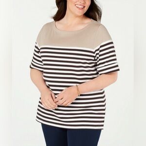 NWT Karen Scott Plus Cotton Blend Striped Cuffed-Sleeve Knit Top Brown Size 2X
